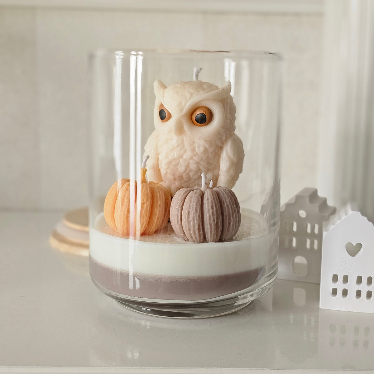 Eule im Glas mit Kürbissen – Pumpkin Spice Duftkerze