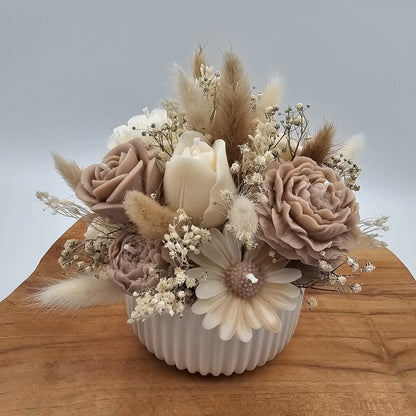 Kerzen-Blumenstrauß mit Duft in Weiß/Braun