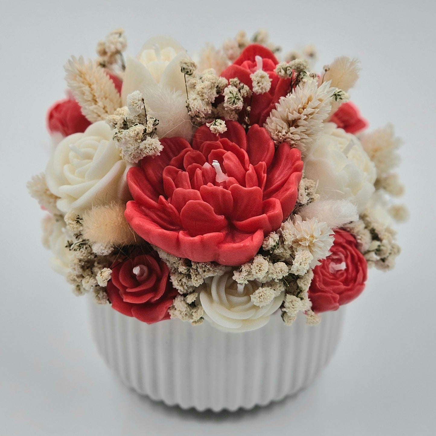Kerzen-Blumenstrauß mit Duft in Weiß/Rot