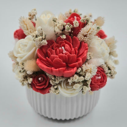 Kerzen-Blumenstrauß mit Duft in Weiß/Rot