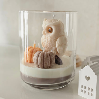 Eule im Glas mit Kürbissen – Pumpkin Spice Duftkerze