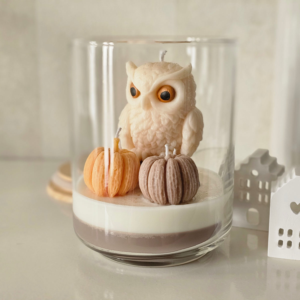 Eule im Glas mit Kürbissen – Pumpkin Spice Duftkerze
